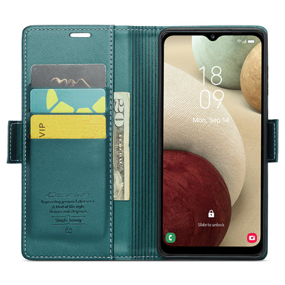 CASEME 023 Series For Samsung Galaxy A12 RFID Blocking Wallet Phone Case Side Clasp Leather Stand Cover