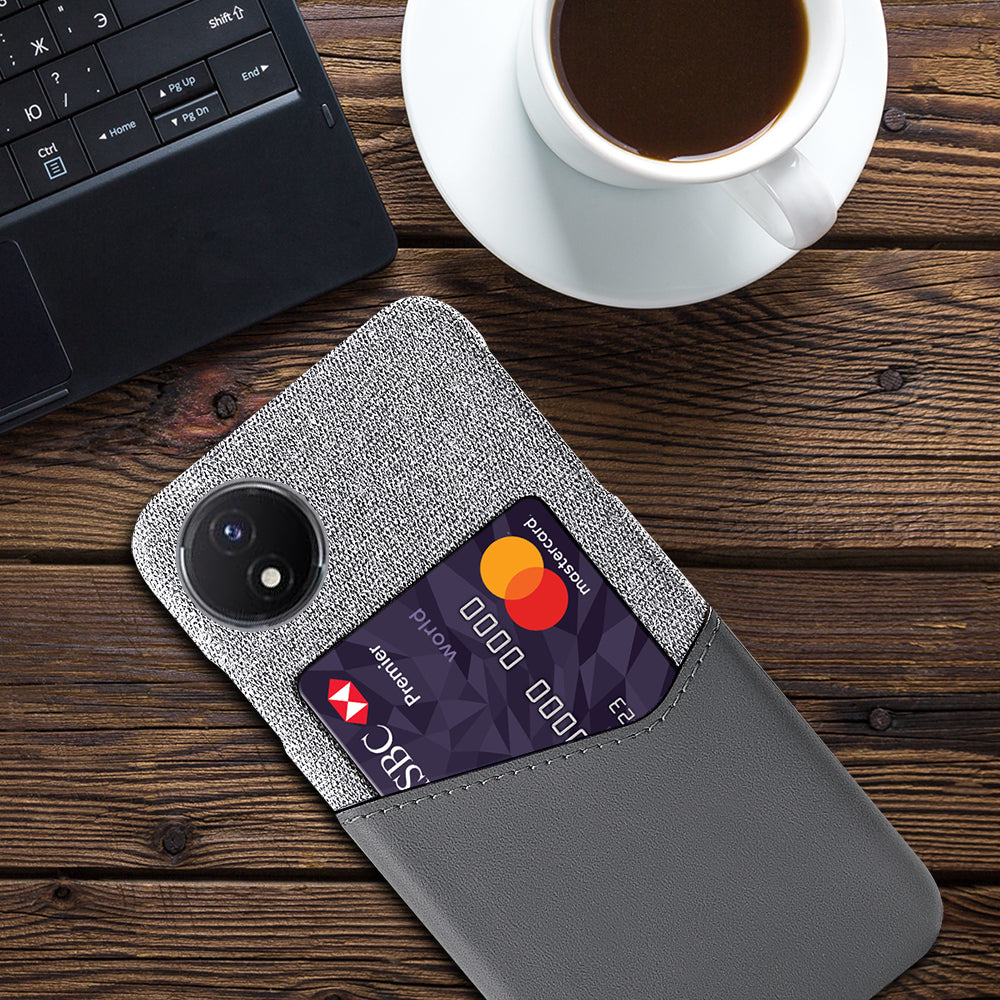 Card Holder Phone Case for vivo Y02 4G / Y02A 4G / Y11 (2023) , PU Leather Coated PC Cloth Texture Anti-Scratch Cover