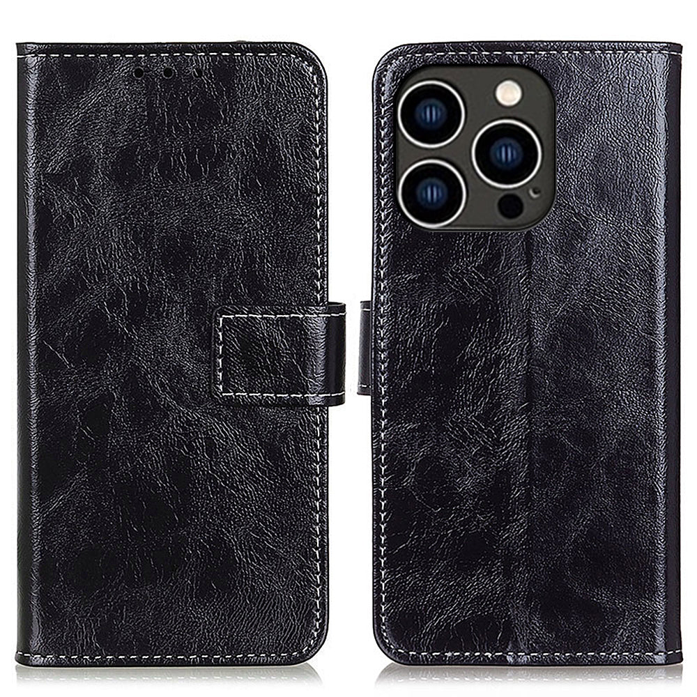 For iPhone 15 Pro Retro Leather Wallet Stand Case Crazy Horse Texture Smartphone Cover