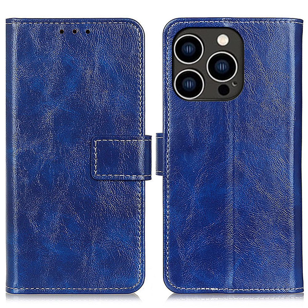 For iPhone 15 Pro Retro Leather Wallet Stand Case Crazy Horse Texture Smartphone Cover