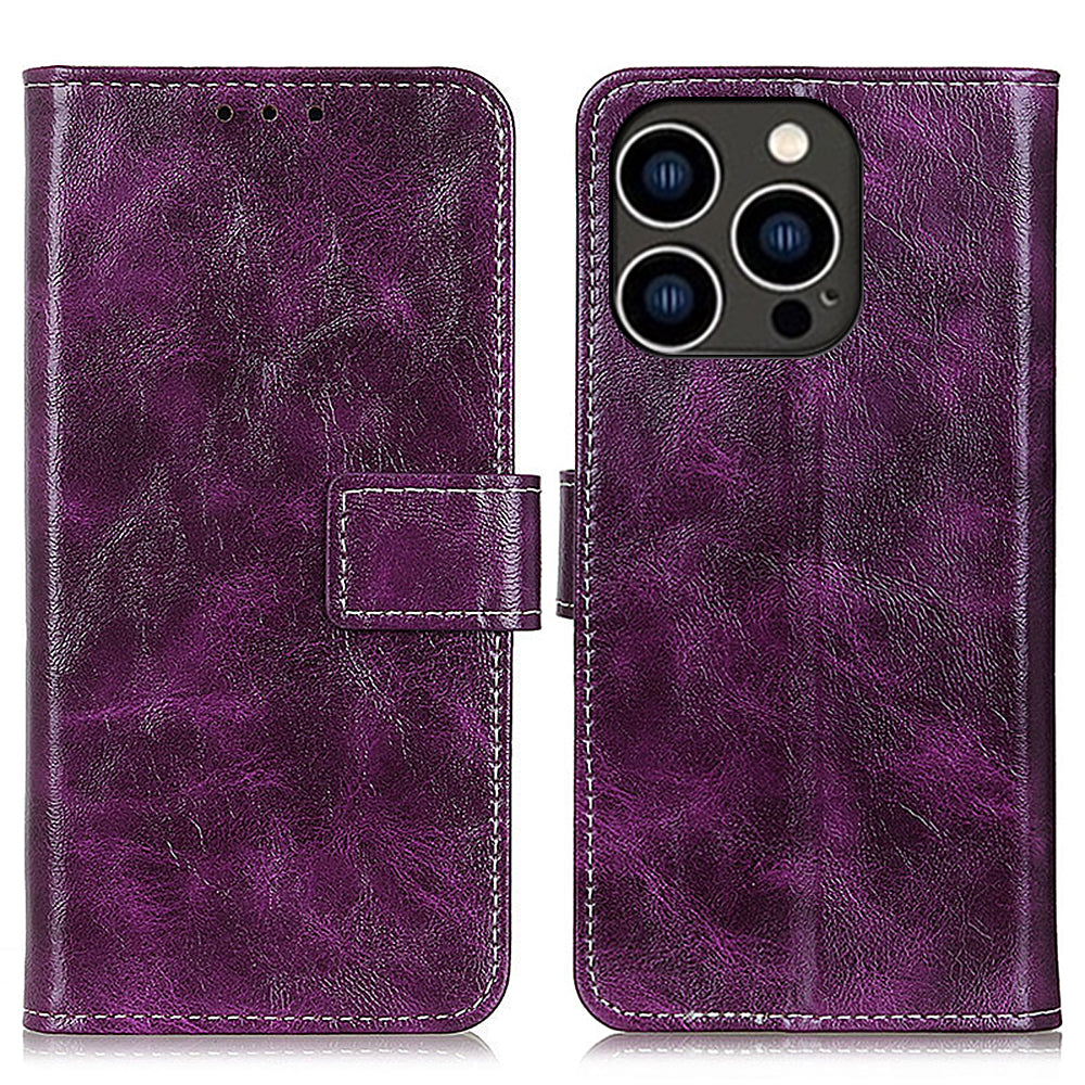 For iPhone 15 Pro Retro Leather Wallet Stand Case Crazy Horse Texture Smartphone Cover