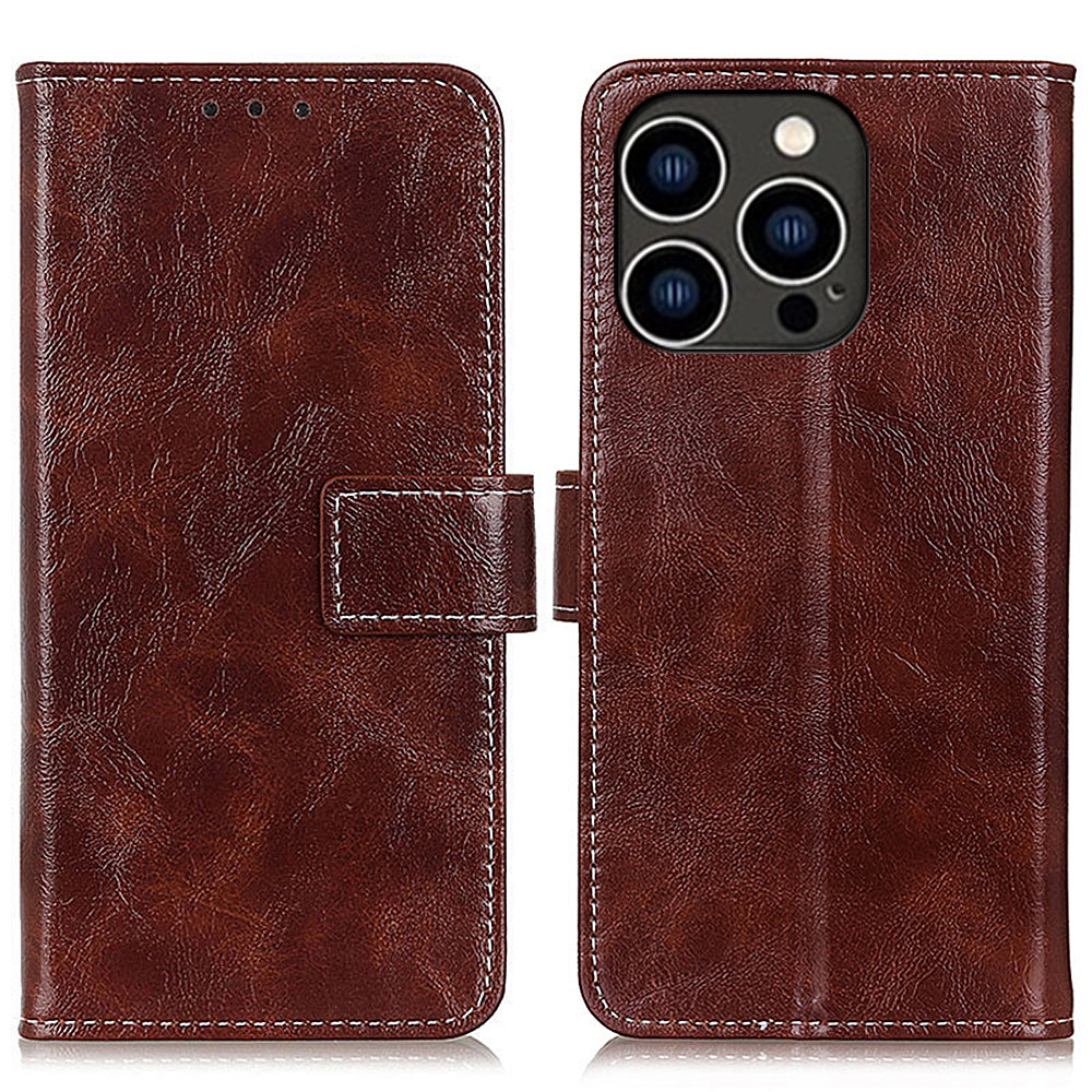 For iPhone 15 Pro Retro Leather Wallet Stand Case Crazy Horse Texture Smartphone Cover