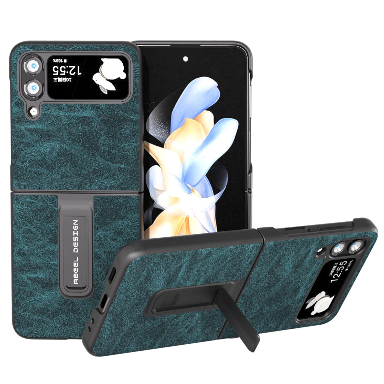 ABEEL For Samsung Galaxy Z Flip4 5G Kickstand Phone Case Anti-Scratch Litchi Texture PU Leather PC Cover