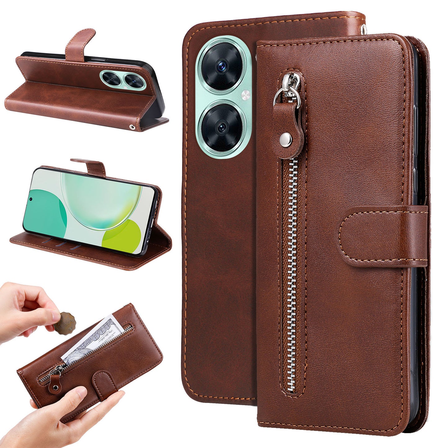 For Huawei Nova 11i / Enjoy 60 Pro / Maimang 20 Calf Texture Leather Phone Case Zipper Pocket Wallet Flip Cover with Stand