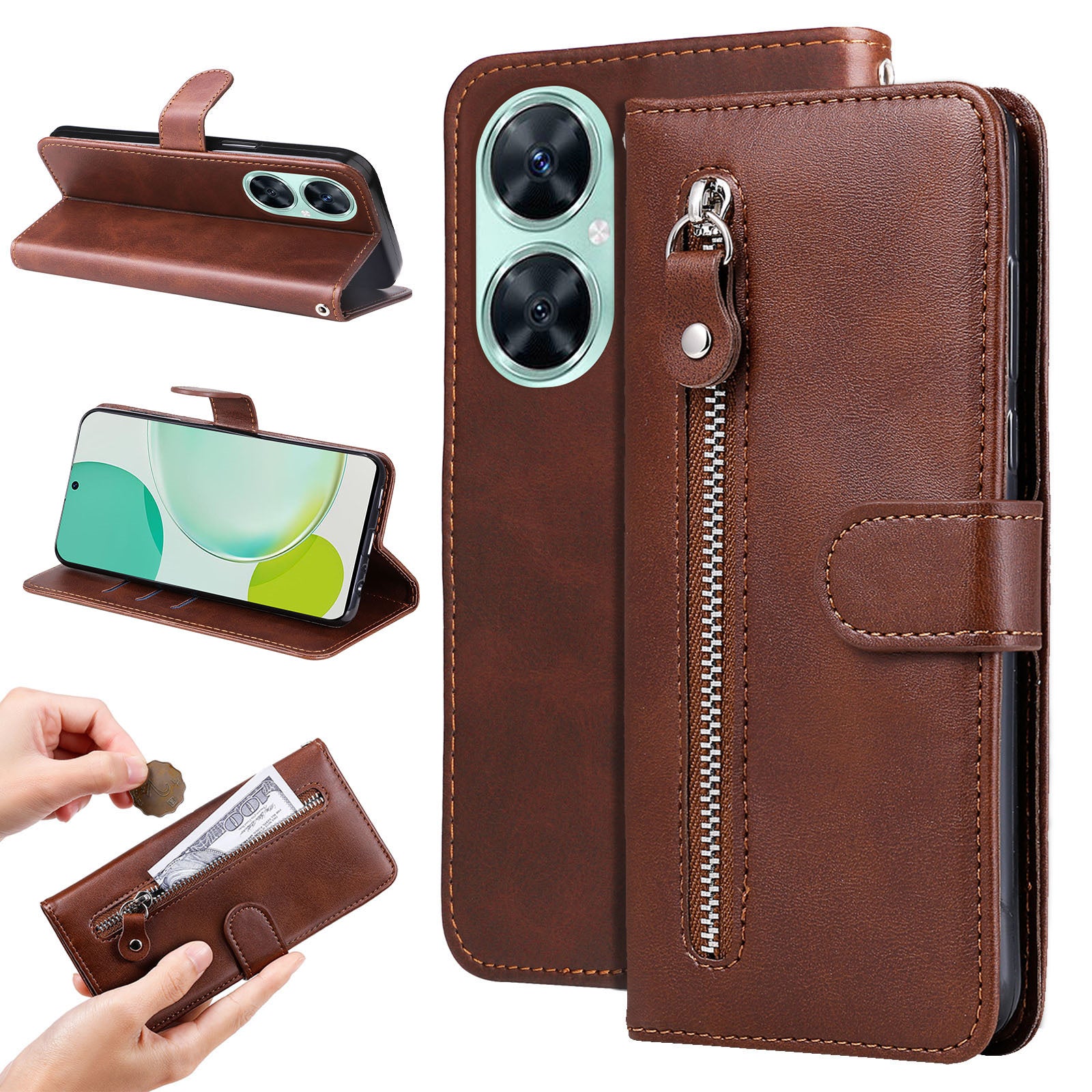 For Huawei Nova 11i / Enjoy 60 Pro / Maimang 20 Calf Texture Leather Phone Case Zipper Pocket Wallet Flip Cover with Stand