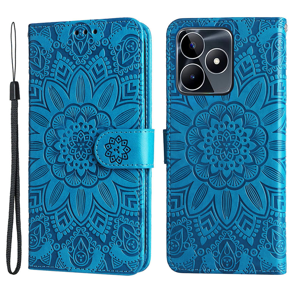 For Realme C53 4G / Narzo N53 4G Sunflower Imprinted Stand PU Leather Cover Wallet Drop-proof Case