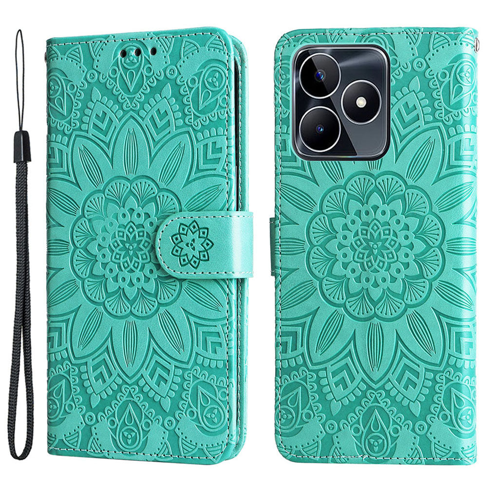 For Realme C53 4G / Narzo N53 4G Sunflower Imprinted Stand PU Leather Cover Wallet Drop-proof Case