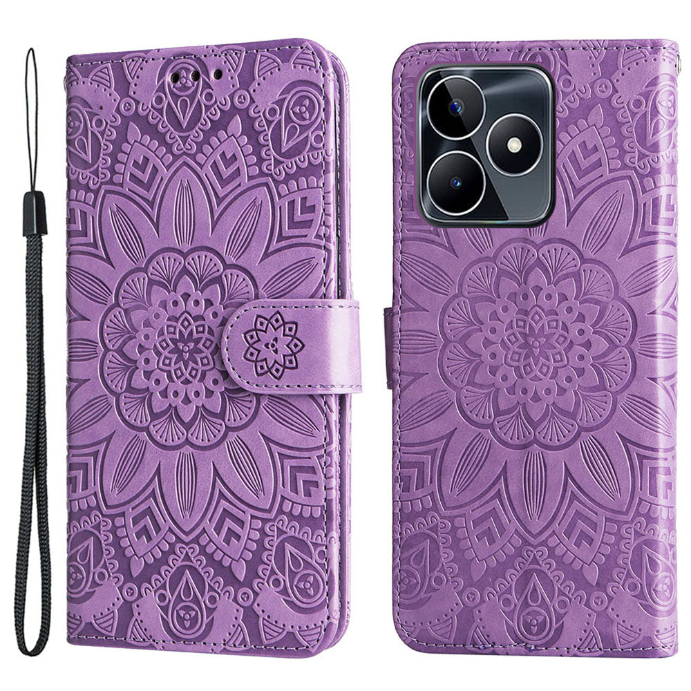 For Realme C53 4G / Narzo N53 4G Sunflower Imprinted Stand PU Leather Cover Wallet Drop-proof Case