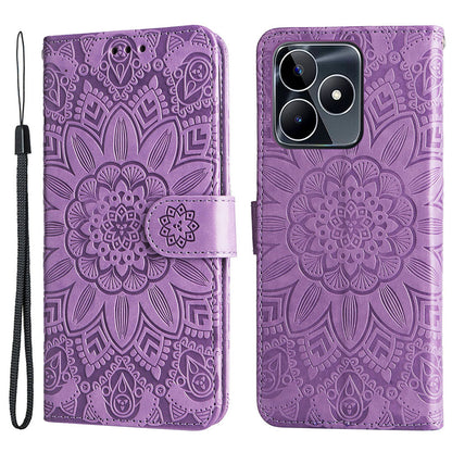 For Realme C53 4G / Narzo N53 4G Sunflower Imprinted Stand PU Leather Cover Wallet Drop-proof Case