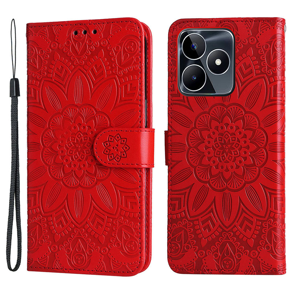 For Realme C53 4G / Narzo N53 4G Sunflower Imprinted Stand PU Leather Cover Wallet Drop-proof Case