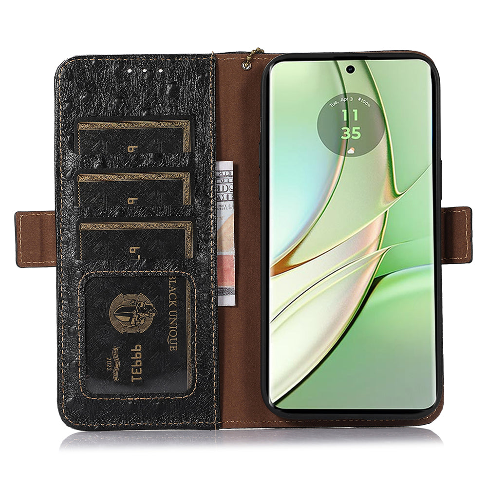 For Motorola Edge 40 5G Genuine Cow Leather RFID Blocking Case Ostrich Pattern Stand Wallet Phone Cover
