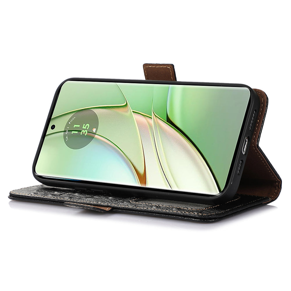 For Motorola Edge 40 5G Genuine Cow Leather RFID Blocking Case Ostrich Pattern Stand Wallet Phone Cover