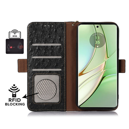 For Motorola Edge 40 5G Genuine Cow Leather RFID Blocking Case Ostrich Pattern Stand Wallet Phone Cover