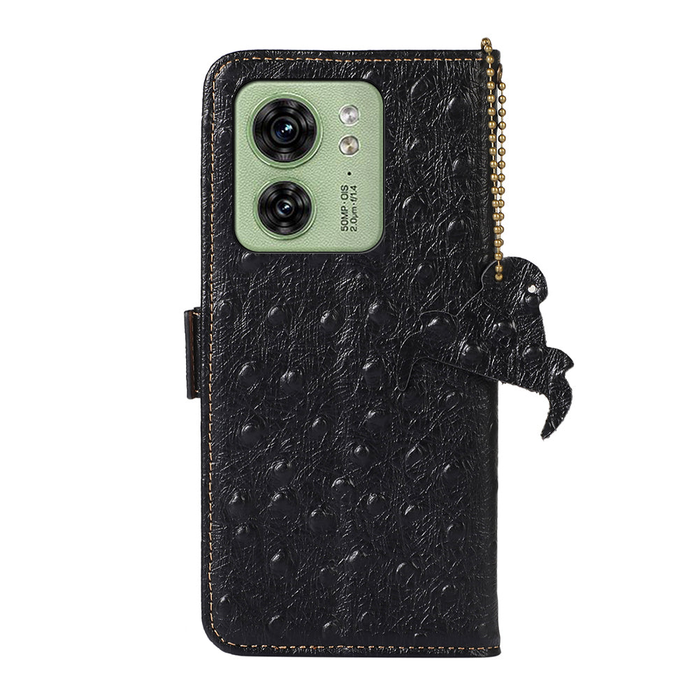 For Motorola Edge 40 5G Genuine Cow Leather RFID Blocking Case Ostrich Pattern Stand Wallet Phone Cover