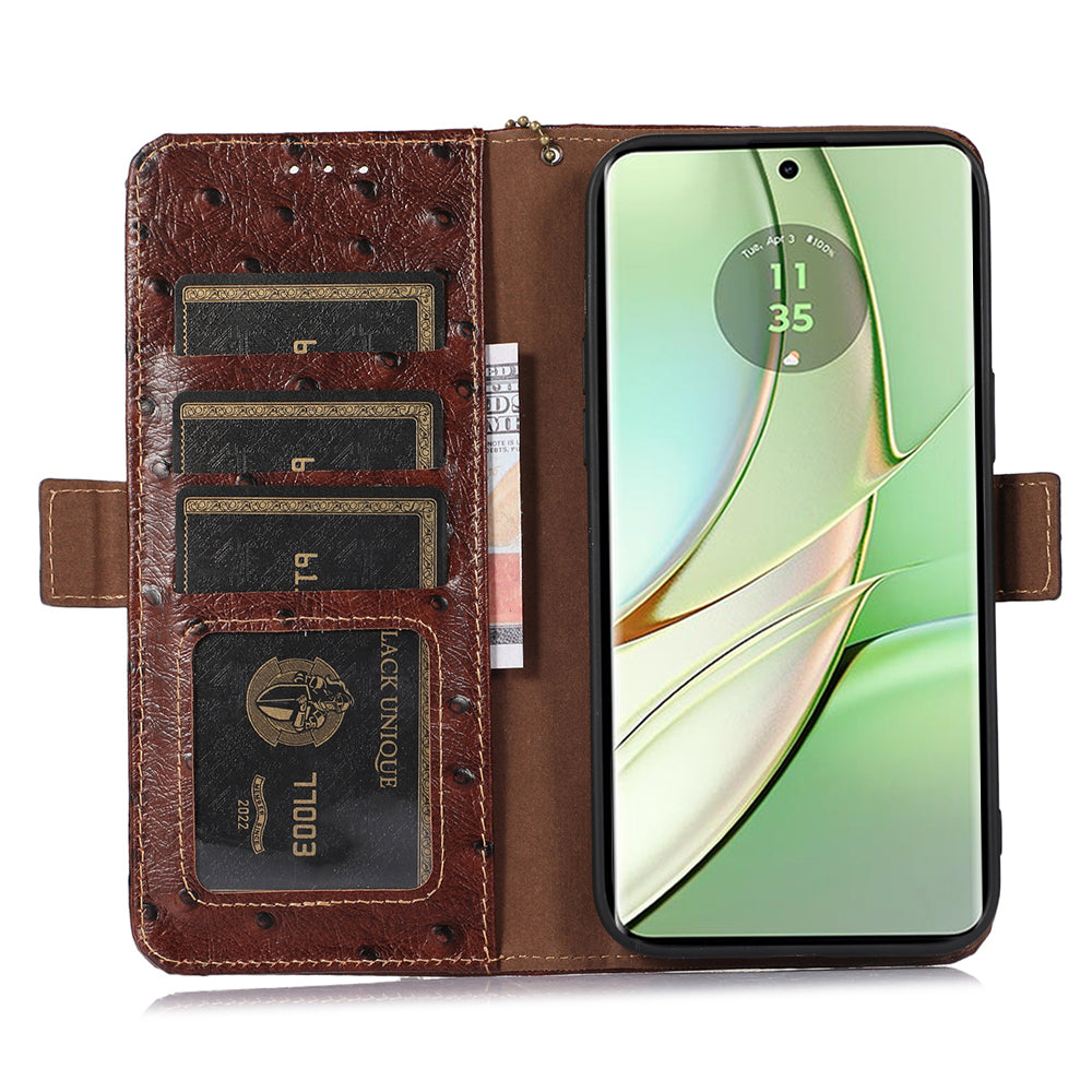For Motorola Edge 40 5G Genuine Cow Leather RFID Blocking Case Ostrich Pattern Stand Wallet Phone Cover