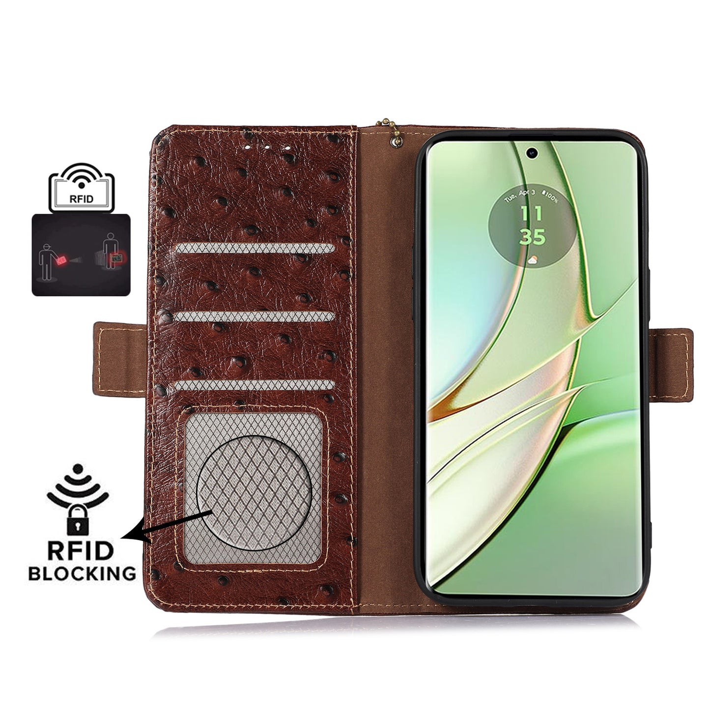 For Motorola Edge 40 5G Genuine Cow Leather RFID Blocking Case Ostrich Pattern Stand Wallet Phone Cover