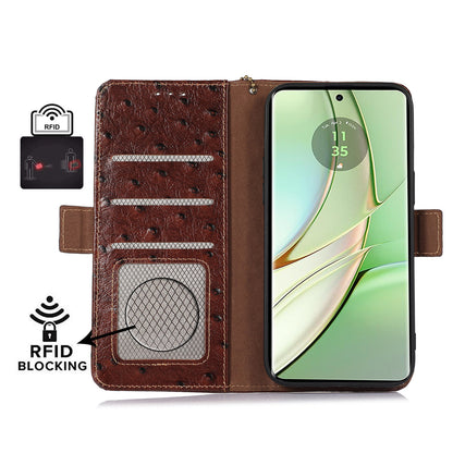 For Motorola Edge 40 5G Genuine Cow Leather RFID Blocking Case Ostrich Pattern Stand Wallet Phone Cover