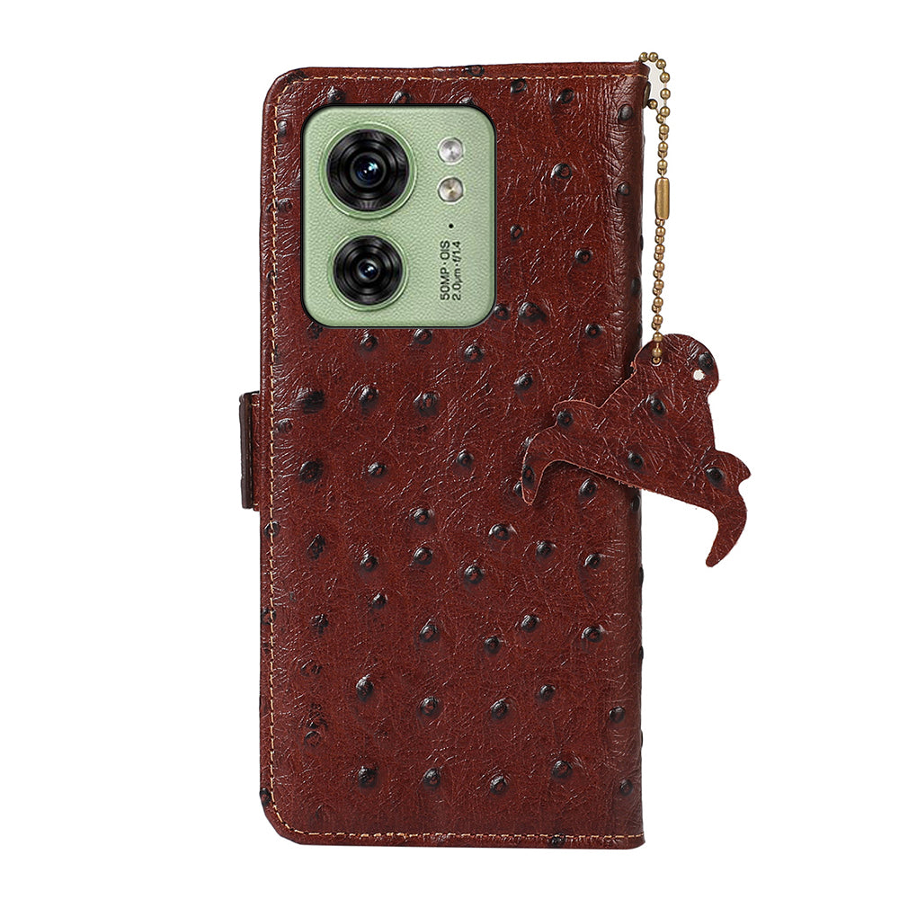 For Motorola Edge 40 5G Genuine Cow Leather RFID Blocking Case Ostrich Pattern Stand Wallet Phone Cover