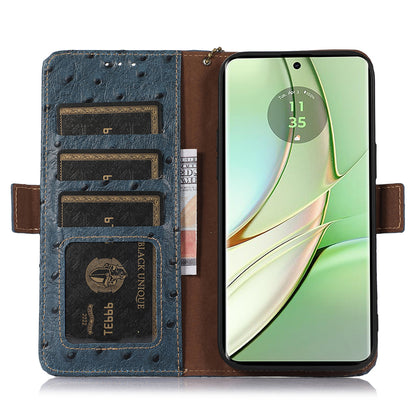 For Motorola Edge 40 5G Genuine Cow Leather RFID Blocking Case Ostrich Pattern Stand Wallet Phone Cover