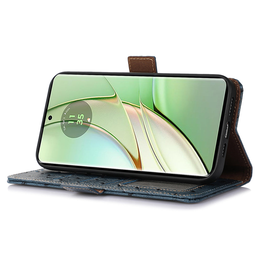 For Motorola Edge 40 5G Genuine Cow Leather RFID Blocking Case Ostrich Pattern Stand Wallet Phone Cover