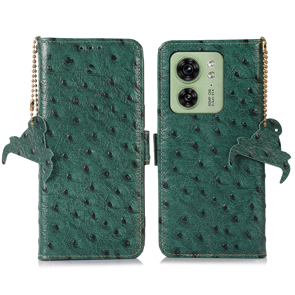 For Motorola Edge 40 5G Genuine Cow Leather RFID Blocking Case Ostrich Pattern Stand Wallet Phone Cover