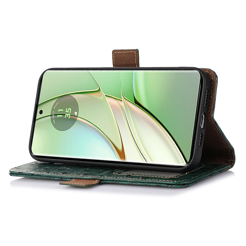 For Motorola Edge 40 5G Genuine Cow Leather RFID Blocking Case Ostrich Pattern Stand Wallet Phone Cover