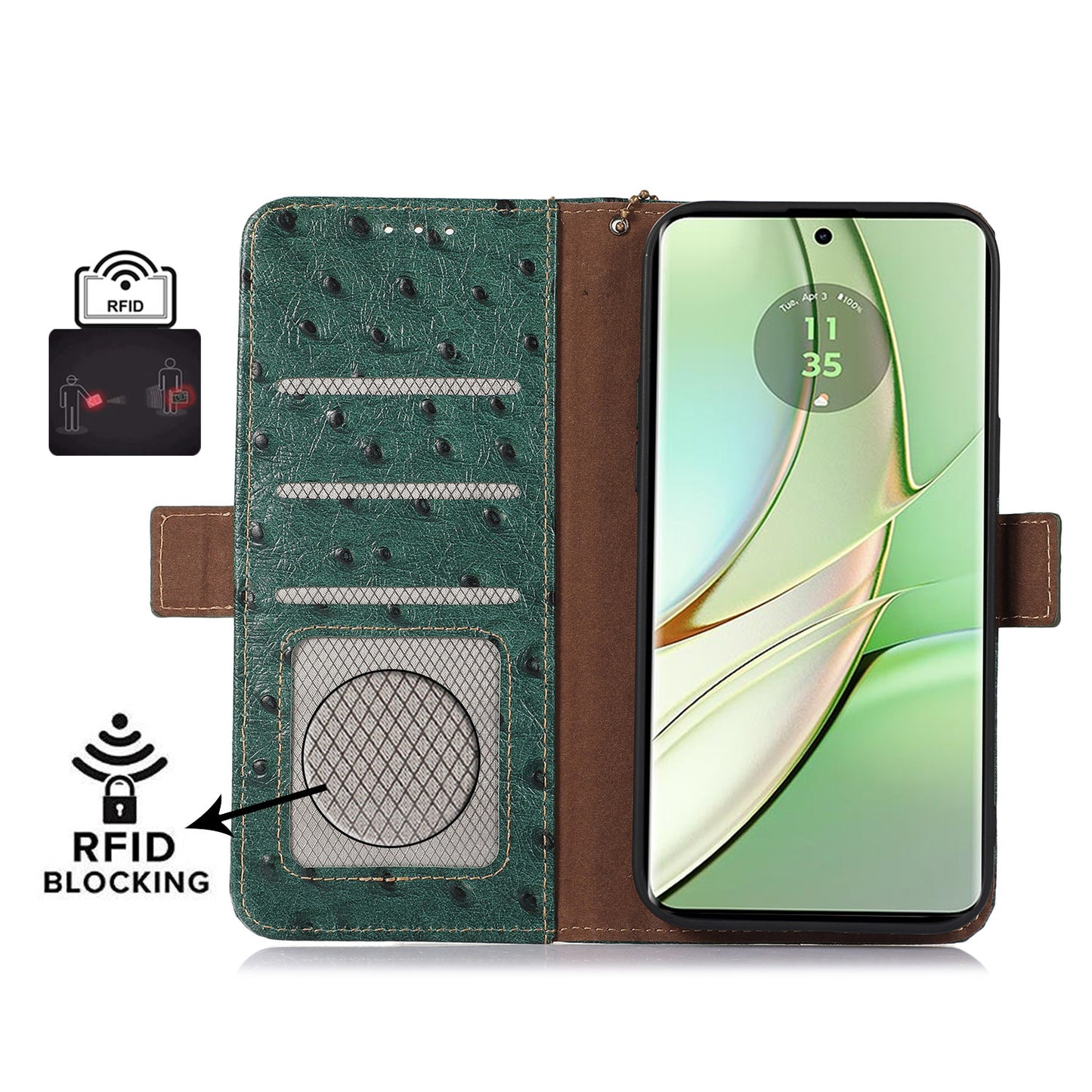 For Motorola Edge 40 5G Genuine Cow Leather RFID Blocking Case Ostrich Pattern Stand Wallet Phone Cover