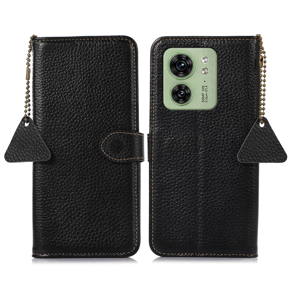 For Motorola Edge 40 5G RFID Blocking Genuine Cow Leather Case Litchi Texture Stand Wallet Phone Cover