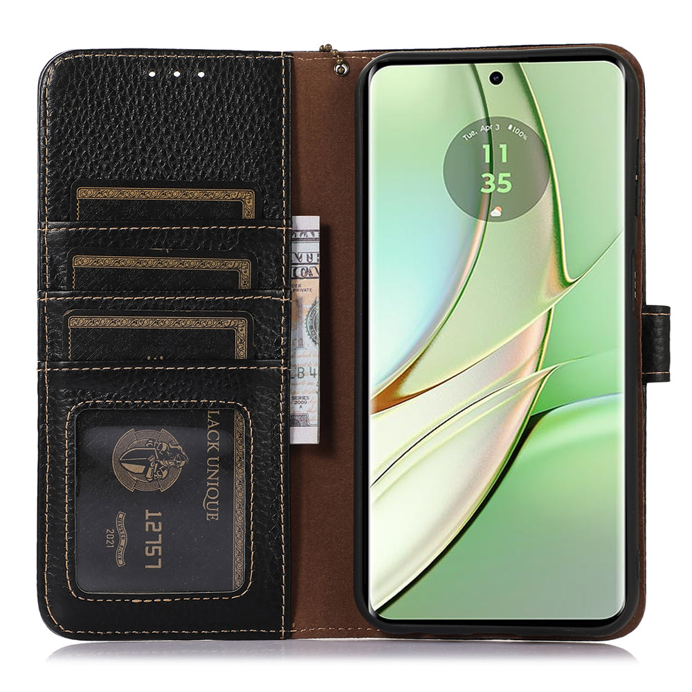For Motorola Edge 40 5G RFID Blocking Genuine Cow Leather Case Litchi Texture Stand Wallet Phone Cover
