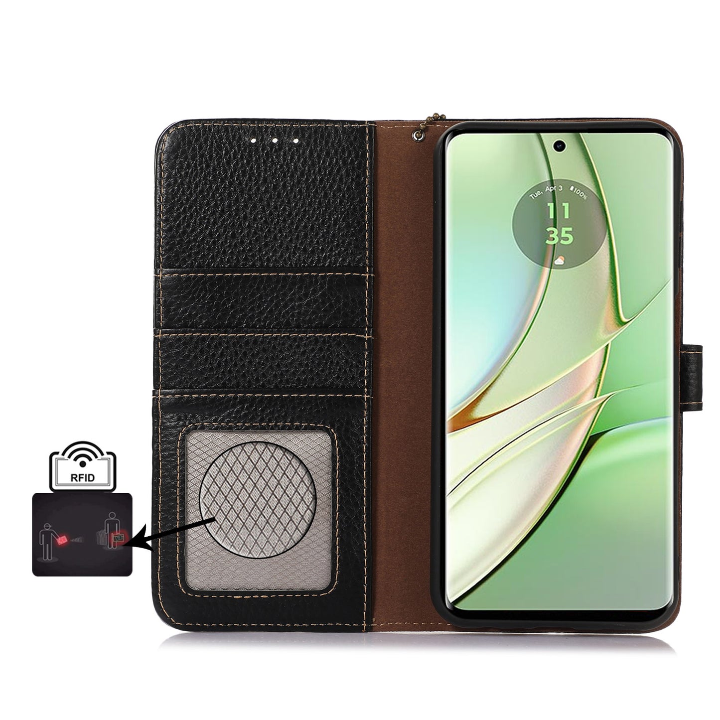 For Motorola Edge 40 5G RFID Blocking Genuine Cow Leather Case Litchi Texture Stand Wallet Phone Cover