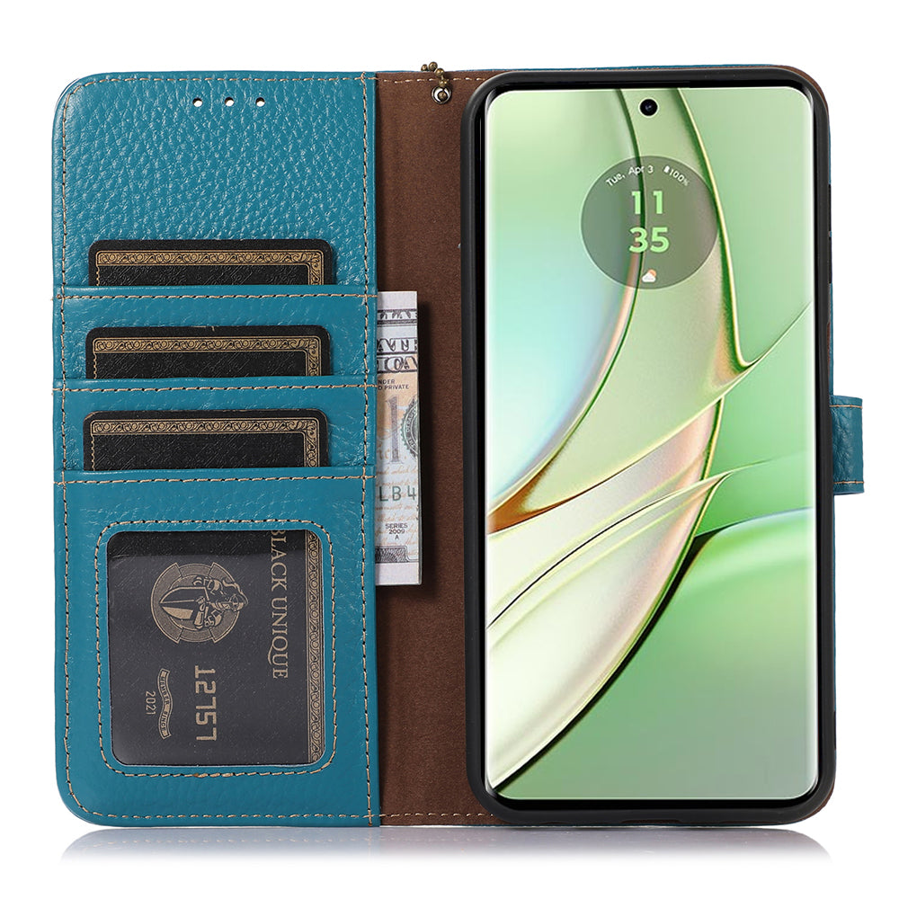 For Motorola Edge 40 5G RFID Blocking Genuine Cow Leather Case Litchi Texture Stand Wallet Phone Cover