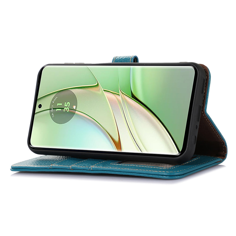 For Motorola Edge 40 5G RFID Blocking Genuine Cow Leather Case Litchi Texture Stand Wallet Phone Cover