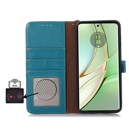 For Motorola Edge 40 5G RFID Blocking Genuine Cow Leather Case Litchi Texture Stand Wallet Phone Cover