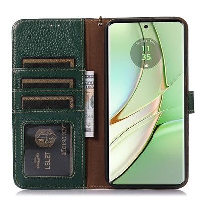 For Motorola Edge 40 5G RFID Blocking Genuine Cow Leather Case Litchi Texture Stand Wallet Phone Cover