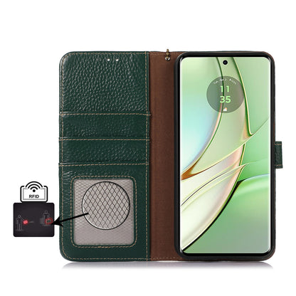 For Motorola Edge 40 5G RFID Blocking Genuine Cow Leather Case Litchi Texture Stand Wallet Phone Cover
