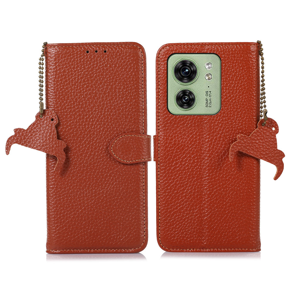 For Motorola Edge 40 5G RFID Blocking Genuine Cow Leather Case Litchi Texture Stand Wallet Phone Cover