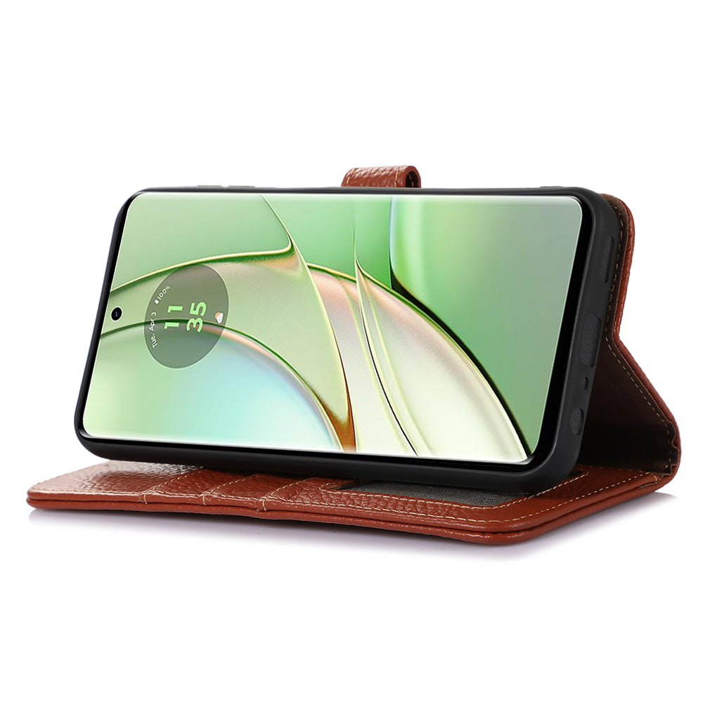 For Motorola Edge 40 5G RFID Blocking Genuine Cow Leather Case Litchi Texture Stand Wallet Phone Cover