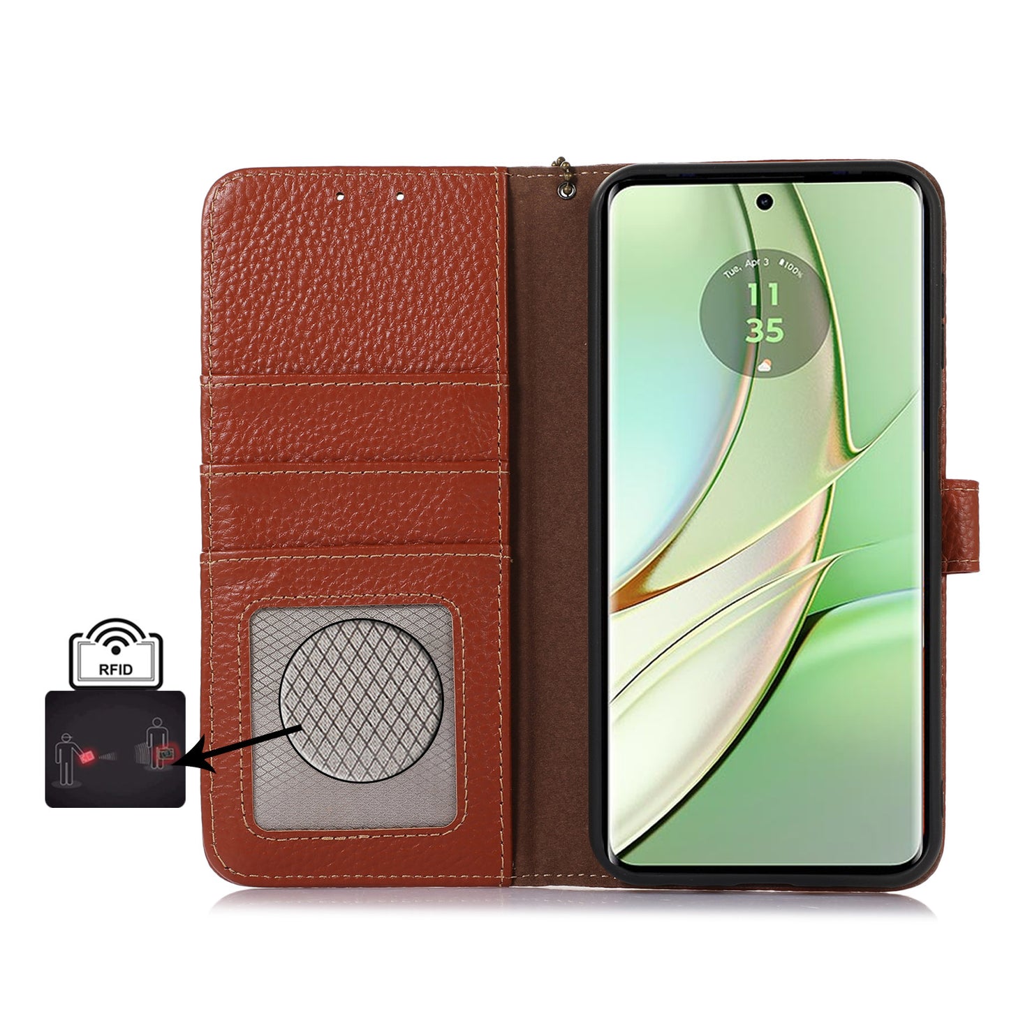 For Motorola Edge 40 5G RFID Blocking Genuine Cow Leather Case Litchi Texture Stand Wallet Phone Cover