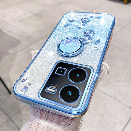 KADEM For vivo Y35 4G (2022) Kickstand TPU Case Gradient Glitter Rhinestone Flower Phone Cover