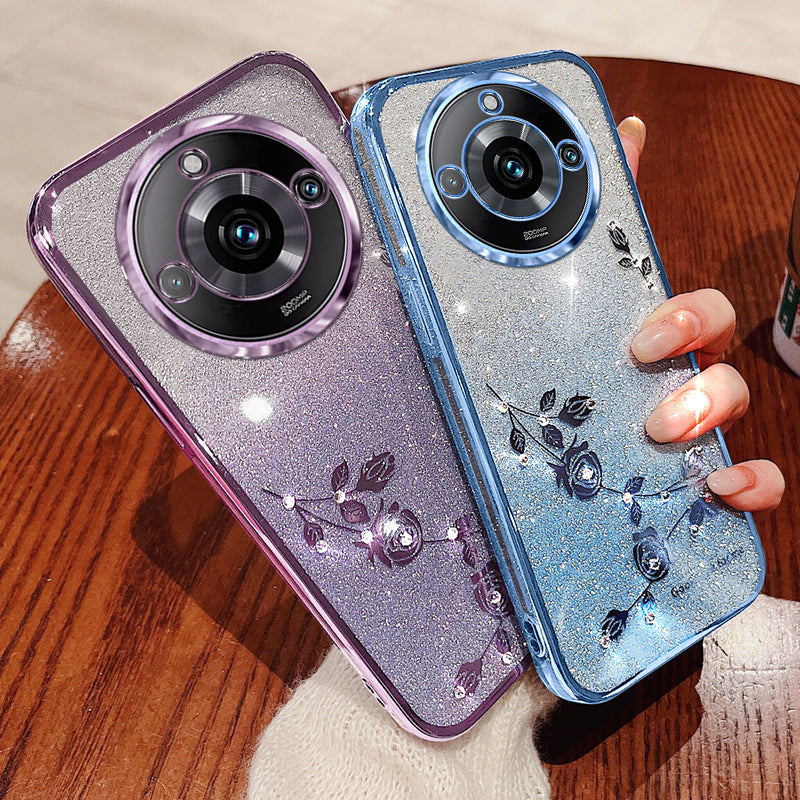 KADEM Gradient Phone Case for Realme 11 Pro+ 5G Glitter Rhinestone Flower TPU Cover