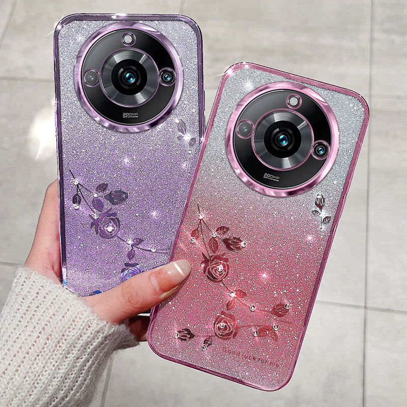 KADEM Gradient Phone Case for Realme 11 Pro+ 5G Glitter Rhinestone Flower TPU Cover