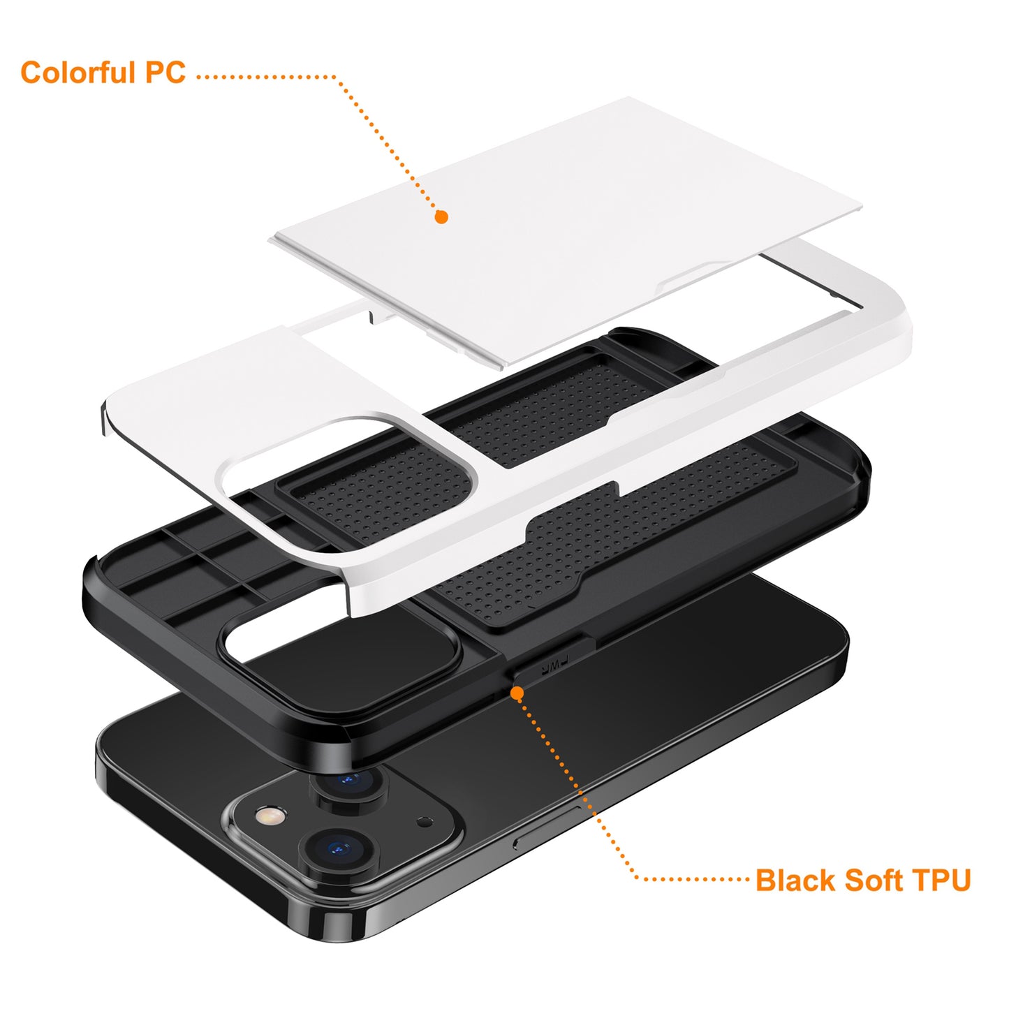 Slide Card Holder Protective Phone Case for iPhone 15 , TPU + PC Drop-proof Cell Phone Cover