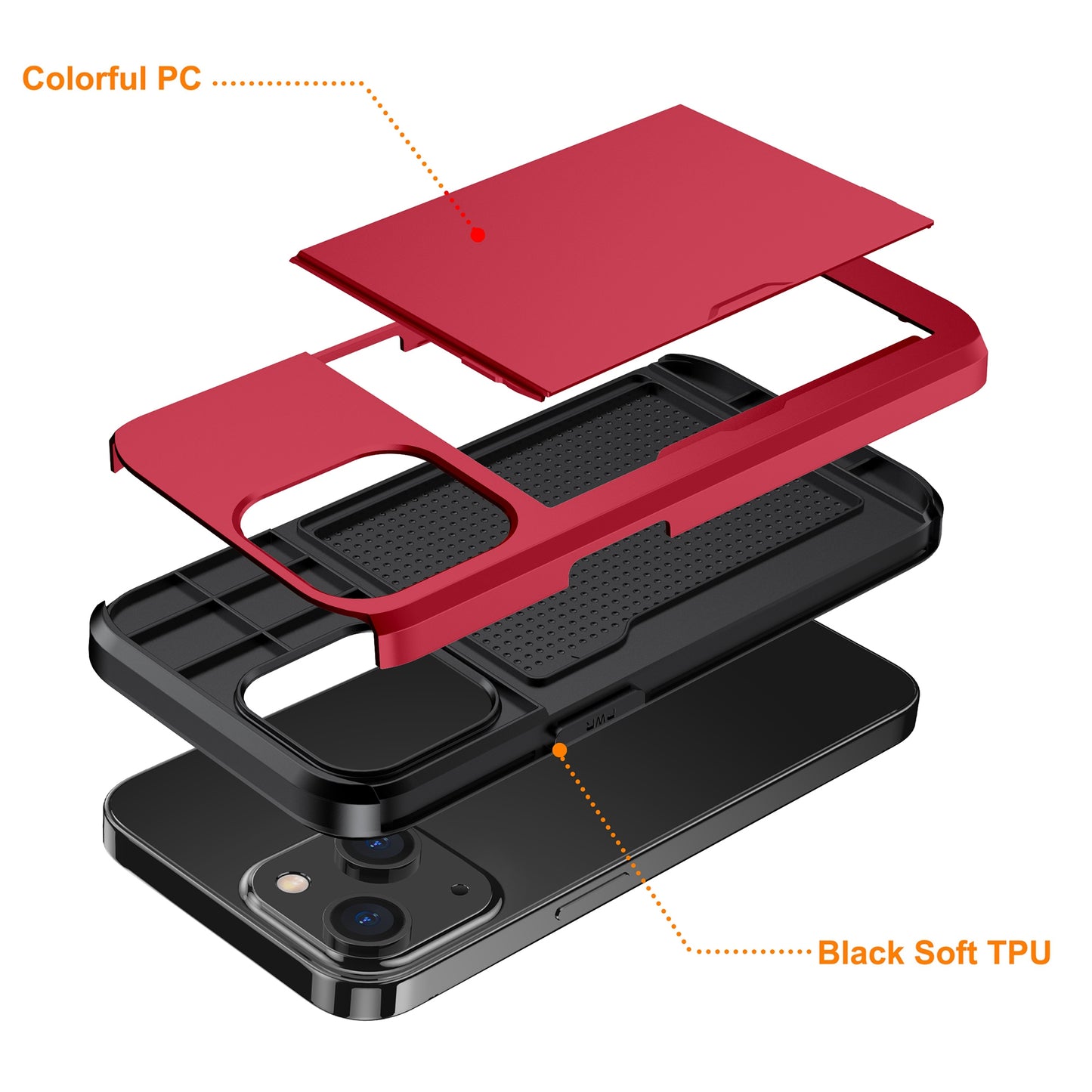 Slide Card Holder Protective Phone Case for iPhone 15 , TPU + PC Drop-proof Cell Phone Cover