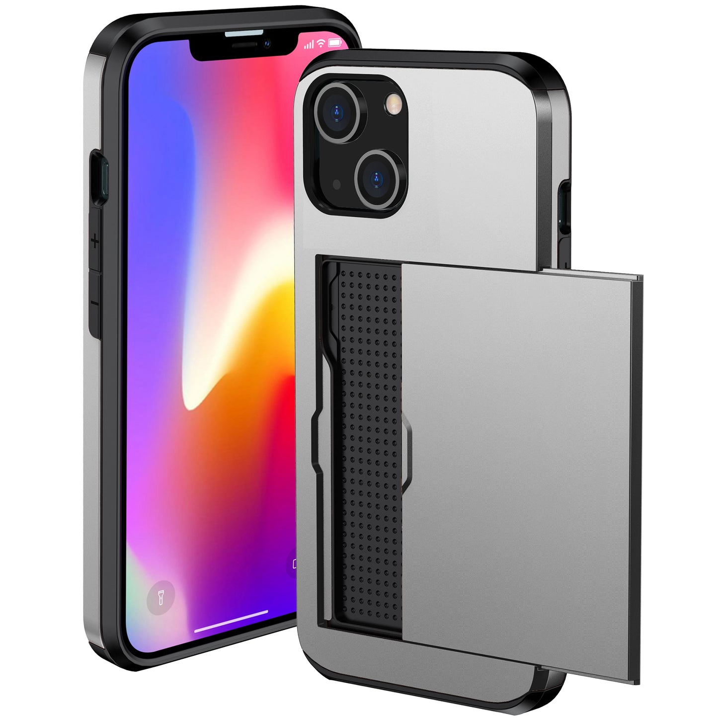 Slide Card Holder Protective Phone Case for iPhone 15 , TPU + PC Drop-proof Cell Phone Cover