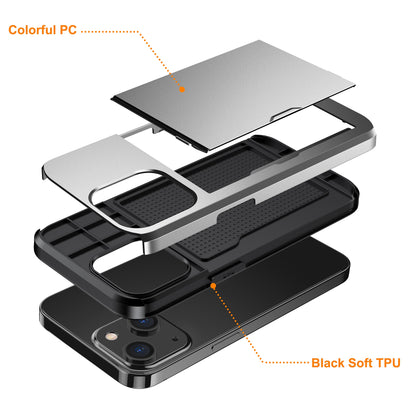Slide Card Holder Protective Phone Case for iPhone 15 , TPU + PC Drop-proof Cell Phone Cover