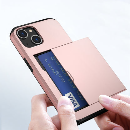 Slide Card Holder Protective Phone Case for iPhone 15 , TPU + PC Drop-proof Cell Phone Cover