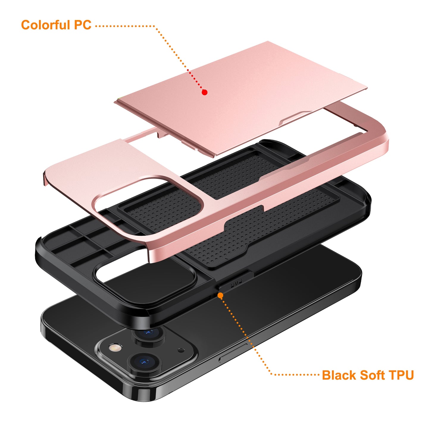 Slide Card Holder Protective Phone Case for iPhone 15 , TPU + PC Drop-proof Cell Phone Cover