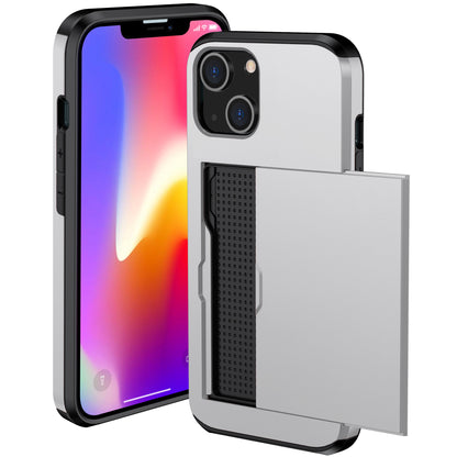 Slide Card Holder Protective Phone Case for iPhone 15 , TPU + PC Drop-proof Cell Phone Cover