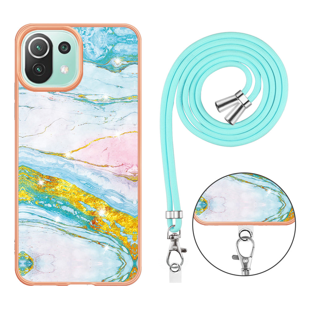 YB IMD Series-9 For Xiaomi 11 Lite 5G NE / Mi 11 Lite 4G / 5G Marble Pattern Case IMD Electroplated TPU Cover with Lanyard