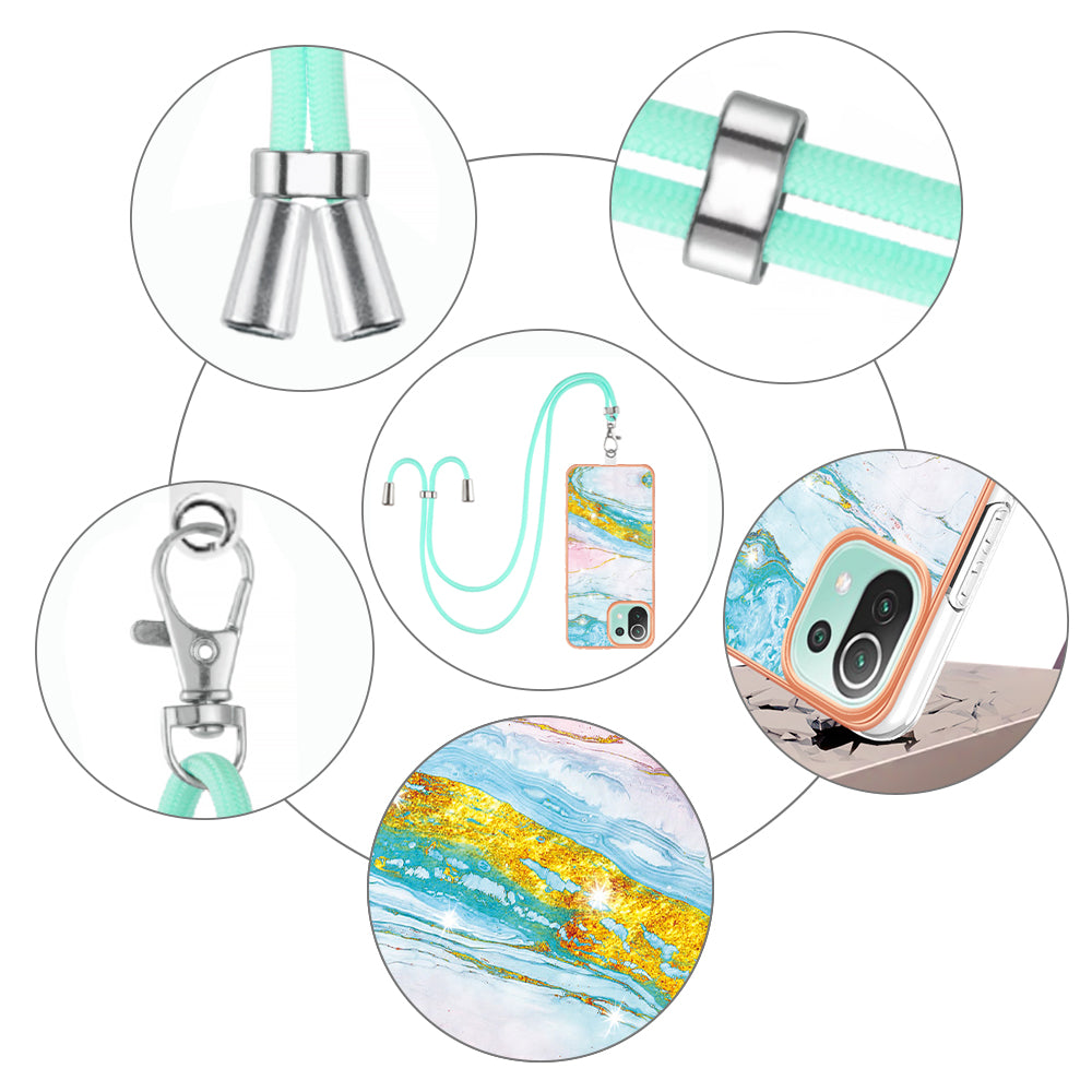 YB IMD Series-9 For Xiaomi 11 Lite 5G NE / Mi 11 Lite 4G / 5G Marble Pattern Case IMD Electroplated TPU Cover with Lanyard